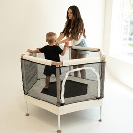 Square House Kids Trampoline, Aesthetic Indoor and Outdoor Toddler Trampoline with Safety Net, Basketball Hoop, 220lb Capacity, Ultra Safe No-Gap Design, Gifts for Boys & Girls (Sand, 4 FT)