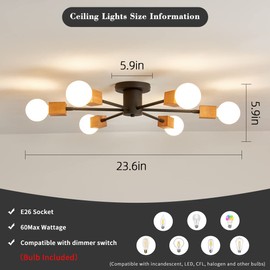 Fivootvi Semi Flush Mount Wood Ceiling Light Fixture 6-Lights Rustic Wooden Sputnik Chandelier Farmhouse Ceiling Lighting Oak and Black with E26 for Dining Room Bedroom Kitchen Lighting Fixture.