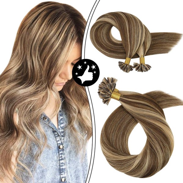 Moresoo 16 Inch Tipped Hair Extensions Natural Hair U Nail Tip Hair Extensions Remy Human Hair Color #4 Dark Brown Highlighted with #27 Caramel Blonde Pre-Bonded Hair Extensions 50G 50S Per Pack