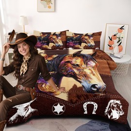 CCoutueChen Western Horse Comforter Set King, Brown Patchwork Cowhide Lightweight Comforter for Adult, 3Pieces Rustic Western Cowboy Style Decor Bedding Set for All Season,2 Pillowcases
