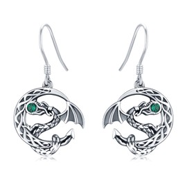Dragon Earrings 925 Sterling Silver Celtic Knot Moon Earrings Dragon Earrings with Green Zirconia Animal Dragon Jewellery Gifts for Women, Sterling Silver, Cubic Zirconia