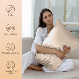 Silk Like Satin Pillowcase Standard Size, Beige Smooth and Cooling Satin-Silk Pillow Cases for Hair and Skin with Envelope Closure, Gift for Women Men, 2 Pack (20x26,Beige)