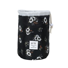 Magik 1-2 Pcs Large Barrel Travel Cosmetic Bag Nylon Organizer Drawstring Toiletry (Black Flower, 1 Pack)