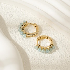 TaYolnFaSo Dainty Natural Stone Pearl Hoop Earrings 14k Real Gold Plated 18mm Copper Round Hoop Earring Aquamarine/Turquoise/Pearl Jewelry Gift or Women, 14k Gold-Plated, Aquamarine