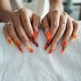 Tesytto Long Coffin Orange Press On Nails with 3D Floral Design - Summer Autumn Thick False Nails Reusable Acrylic Nails Hand-Painted Butterflies (Mango Sago,S)