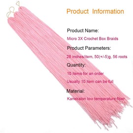 ZIZI BOX Long Micro 3X Pre-Looped Synthetic Zizi Braids 10 Packs/Lot 28 Inch 50g/Pack Thin Small Box Braid Crochet Twisted Hair Synthetic Kanekalon Braiding Hair Extension Women (Pink)