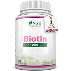 Biotin 10,000mcg - 365 Vegan Micro Tablets - 1 Year Supply - Hair, Skin & Nails Growth Supplement for Women & Men - Made in The UK - Nu U Nutrition