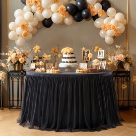 Black Round Tulle Tablecloth 60 Inch Tulle Round Table Skirt for Wedding Party Wrinkle Free Ruffle Tutu Table Skirt Spandex Stretch Fitted Round Table Cover for Birthday Baby Shower Banquet Decoration