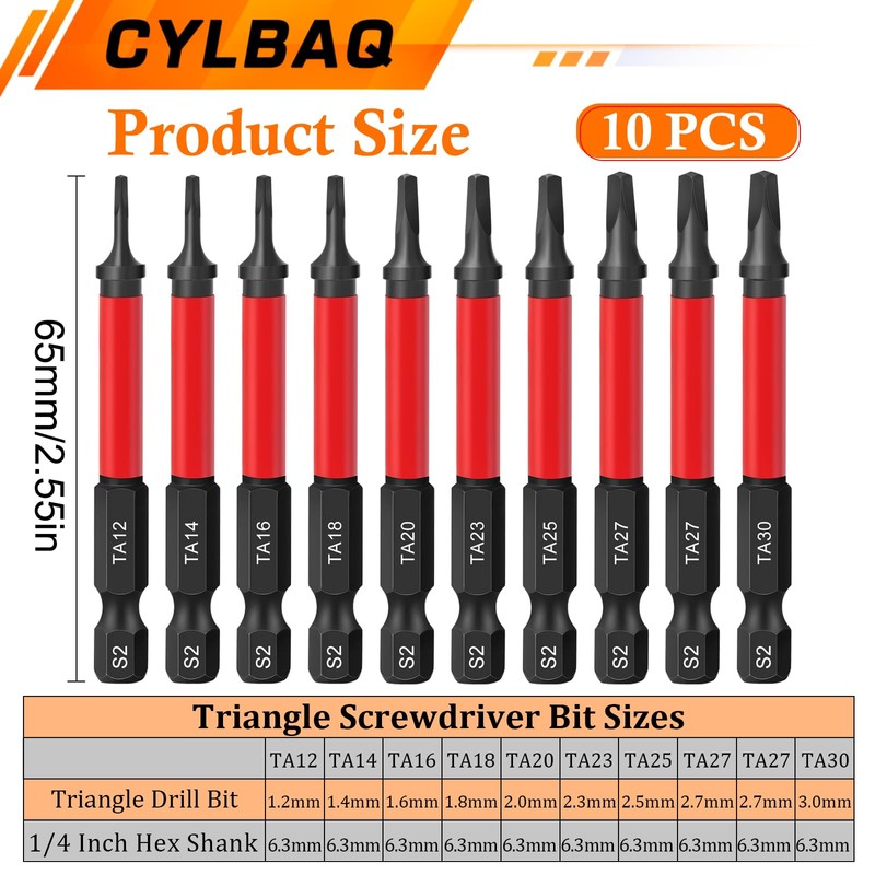 CYLBAQ Impact Triangle Head Screwdriver Bits, 10pcs 65mm S2 Steel