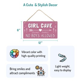 Girl Cave Sign, Teen Girls Room Decor, 12 * 6 Wall Hanging Decoration, Girls Only No Boys Allowed Except Daddy for Little Girls Bedroom