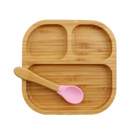 GREENBOX Bamboo Plate Set Square I Suction Cup Plate with Spoon - FSC Certified I Cute Bamboo Wooden Bowl Set Toddler - Children's Plate & Snack Bowl I Baby Bamboo Tableware Square Pink