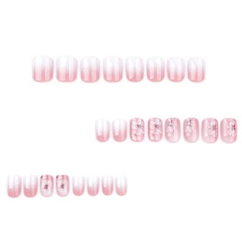 Flower Press on Nails Gradient Square Fake Nails Glossy Short Glue on Nails Summer Design Acrylic Nails Ombre Nails Press ons Floral Stick on Nails Full Cover False Nails Cute Artificial Nails 24Pcs