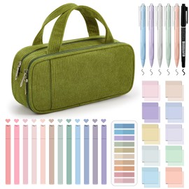 Jutom 39 Pcs Aesthetic Book Annotation Kit Pencil Case Bag with Highlighter Gel Pen 700 Sheets Transparent Sticky Notes Pads Index Tab Bible School Supplies for College(Green,Classic Style)