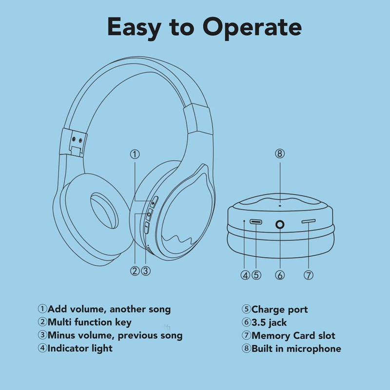 Bluetooth Kids Headphone Stereo Noise Reduction RGB Light Foldable Children