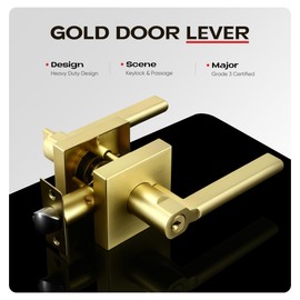 Heittis 6 Pack Door Handle with Lock and Key, Entry Exterior Gold Door Knob in Satin Brass Finish, Gold Heavy Duty Entrance/Front Door Interior Door Handles Keyed Alike