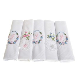 Surf the Shop Pack of 5 Ladies Initial Embroidered White Handkerchiefs with Satin Border and Matching Floral Handkies, Various Letters