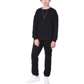 amropi Boy's Tracksuit Set Pullover Sweatshirt Jogging Pants 2 Pieces Sweatsuit Black, 5-6 Years