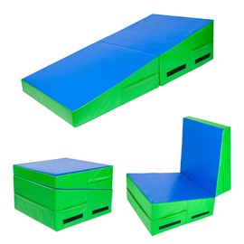 Matladin Incline Gymnastics Mat, Folding Gymnastics Wedge, Tumbling Skill Shape Mat for Kids - Blue+Green, 32.7 x 23.6 inches