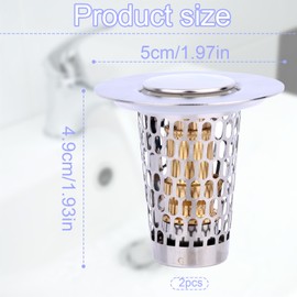 2pcs Bathroom Sink Stopper, Universal Pop-Up Drain Stopper for 1-1.50in Drains Stainless Steel Sink Plug with Hair Strainer (Silver)