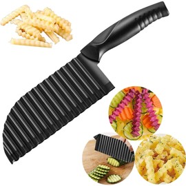 Crinkle Potato Cutter 2.9" x 11.8" Stainless Steel Waves French Fries Slicer Handheld Chipper Chopper, Vegetable Salad Chopping Knife Home Kitchen Wavy Blade Cutting Tool, Black