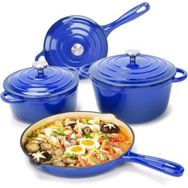 Elf Grill Enameled Cast Iron Cookware Set - 7 Piece Set of Dutch Ovens, Sauce Pan, Skillet, 3 Lids, Dutch Oven Set, Ceramic Nonstick Coated, Heavy Duty, Gas/Induction Compatible, PFA Free, Biscay Blue - size: Navy (come with organizer)