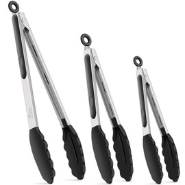 HOTEC Premium Stainless Steel Locking Kitchen Tongs with Silicon Tips, Heat Resistant Cooking Tongs Set of 3-7", 9" and 12" (Black)