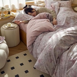 AOJIM Pink Floral Printed Duvet Cover Set for Kids Adults, Soft 100% Cotton Comforter Cover Set 3pcs, 1 Aesthetic Gardenia Quilt Cover King Size and 2 Matching Pillowcases for Room Decor, No Quilt