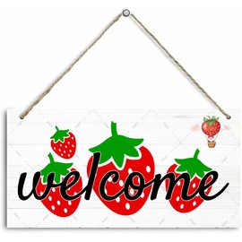 DZQUY Strawberry Welcome Hanging Wood Sign Strawberry Wooden Signs Wall Art Plaque Home Decoration The Front Door Decor Outdoor Gifts for House Farmhouse Door Room 12x6 Inches