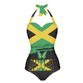 Zarisguat Jamaican Flag Butterfly Print Women's One Piece Swimsuit Halter Bathing Suit Ruched Tummy Control Swimsuits Push Up Swimwear M