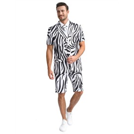 Fashonal Mens Zebra Print Costume Suits for Prom Themed Party, Short Sleeve Blazer Shorts Set with Tie, Zebra Print Size L