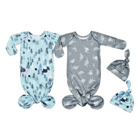 Terriboo Newborn Baby Boy Long Sleeve Sleeper Gown with Mittens Knotted Gown Coming Home Outfit Nightgown Hat Set 2 Pieces (Blue and Green, 0-3 month)