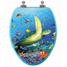 TOPSEAT 3D Ocean Series Elongated Toilet Seat w/Chromed Metal Hinges, Wood, Sea Turtle