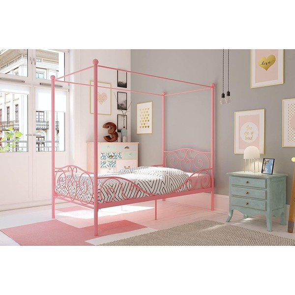 DHP Canopy Bed with Sturdy Bed Frame, Metal, Twin Size - Pink