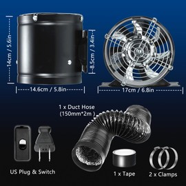 6in Inline Duct Fan, High Air Flow Extractor Fan Exhaust Fan w/Check Valve, Mesh for Garage, Grow Tent, Attics (6.5ft Duct Hose, Tape) - Black