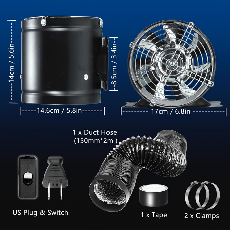 6in Inline Duct Fan, High Air Flow Extractor Fan Exhaust