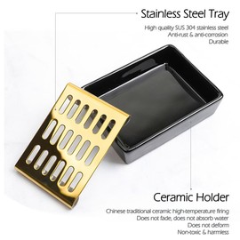 Soap Dish, Ceramic Bowl, YOCZOX Soap Holder, Ceramic Seat, Soap Dish, Soap Box, Soap Saver (Black + Gold)