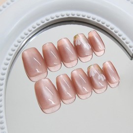 SXVME Cat Eye Dark Pink 3D Press on Nails Short Square, Flora Spring Fake Nails with Designs, Coffin Glue on nails with Tulip, Thick Cute Extra Short Nails for Women and Girls, 30 Pcs