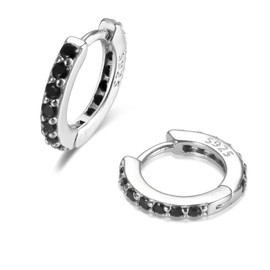 Small Huggie Hoop Earrings for Women, Sterling Silver Tiny Huggie Earring with Black CZ Cubic Zirconia for Everyday