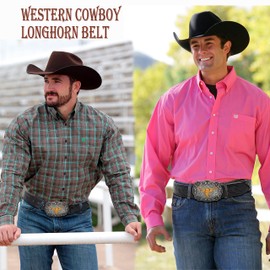 Eohak Men's Western Cowboy Belt - Longhorn Bull Pattern Buckle Belt, Black, Fit Waist 25-30 in