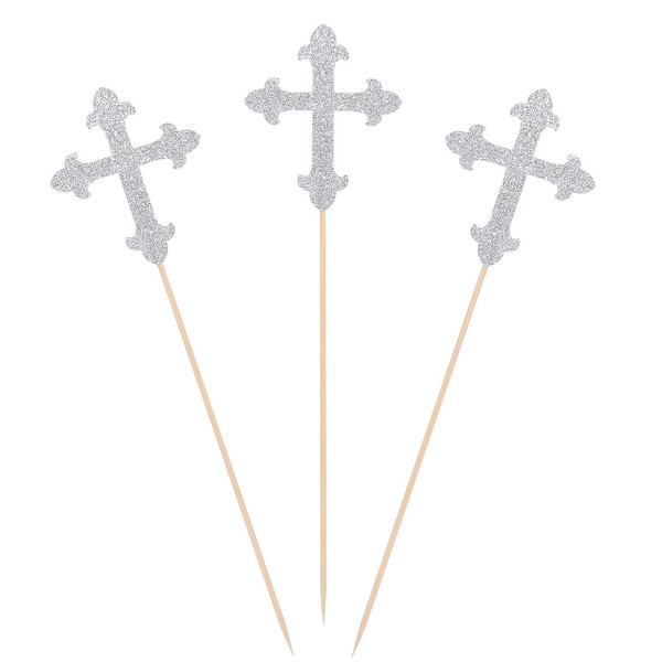 Silver Glitter Cross Centerpiece Sticks for Baptism Christening Party Decorations