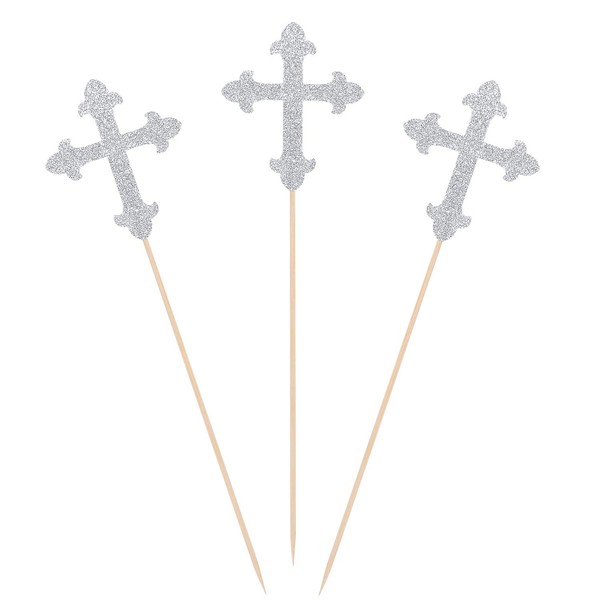 Silver Glitter Cross Centerpiece Sticks for Baptism Christening Party Decorations - Set of 10