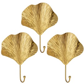 Oairse 3 x Decorative Coat Hooks Gold Coat Hooks Vintage Wall Hooks Coat Hooks in Ginkgo Biloba Shape for Jackets, Scarves, Bags, Backpacks, Towels and More, Retro Shabby Chic Country House Style