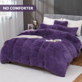 Fluffy Plush Purple Duvet Cover Set Queen Size, Luxury Ultra Soft Velvet Fuzzy Comforter Cover Bed Sets 4 Pcs(1 Faux Fur Duvet Cover + 2 Pillow Cases + 1 Pillow Cover) Zipper Closure (Queen, Purple)