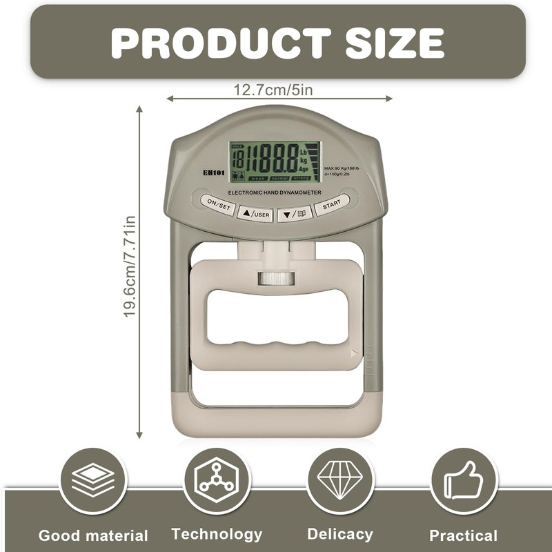 Digital Hand Strength Gauge, 90 kg / 200 lbs Grey
