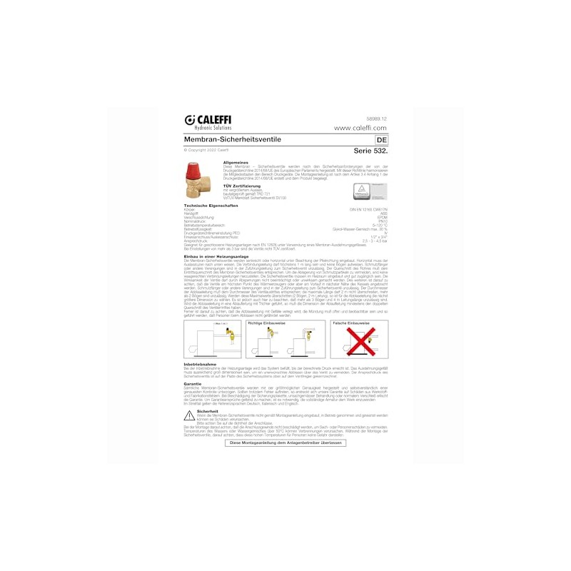 Caleffi 313 - Safety Valve with Pressure Gauge Female-Female 1/2"