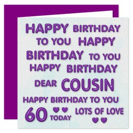 Cousin 60th Happy Birthday Card - Happy Birthday To You Dear Cousin - Perfect Purple Design - 60 Today