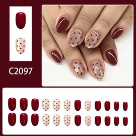 Brown Polka Dot Press on Nails Short Almond Fake Nails Glitter Full Cover Fall Acrylic False Nails Autumn Brown Reusable Artificial Nail Polka Dot Stick on Nail for Women Fall Nail Art 24Pcs