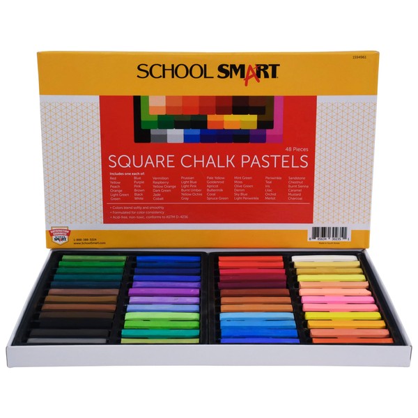 School Smart Square Chalk Pastels for School, Home, or Studio Use, Assorted Colors, Bulk Set of 48