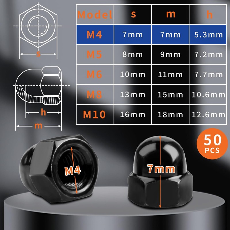 SWTYExt Pack of 50 Acorn Nuts M4 Galvanised Cap Nuts