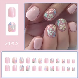 Flower Press on Nails Short Square Fake Nails Pink Acrylic Nails Spring Summer False Nails Glossy Glue on Nails Cute Floral Nails Press on Spring Summer Stick on Nails for Women Girls 24Pcs